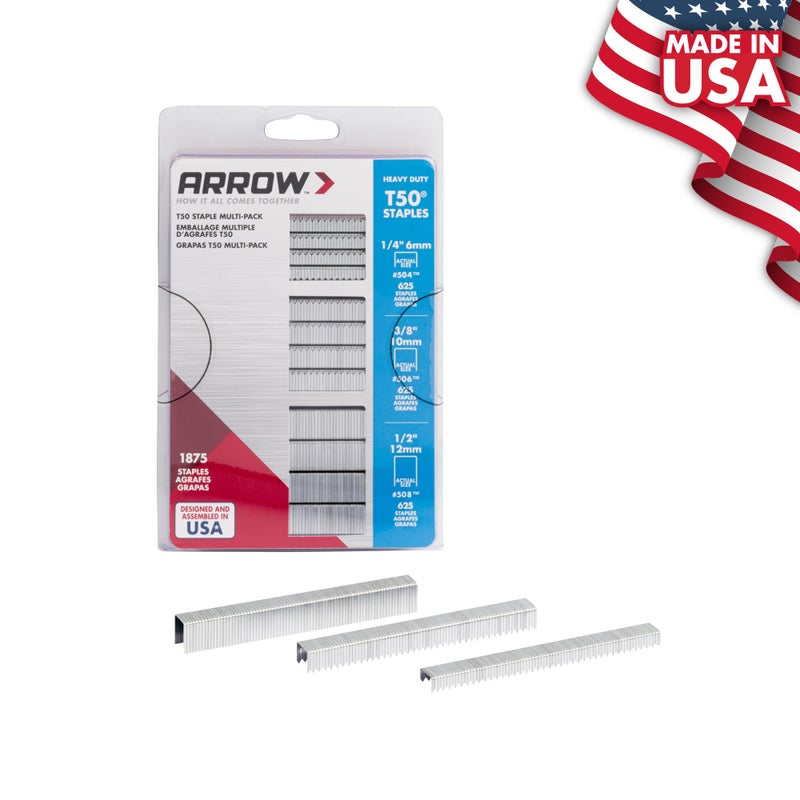 Arrow Fastener ARROW 50MP T50 Heavy Duty Staples Multipack, Staples for Upholstery, Crafts, General Repairs, Includes 1/4", 3/8" and 1/2" Sizes, 3/8" Crown Size, 1875-Pack - Image 3